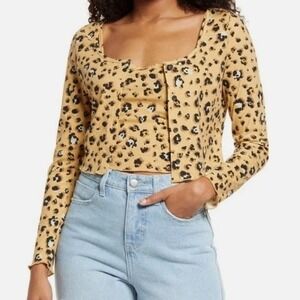 BP Leopard Print‎ Ribbed Cropped Button Front Long Sleeve Top Size L